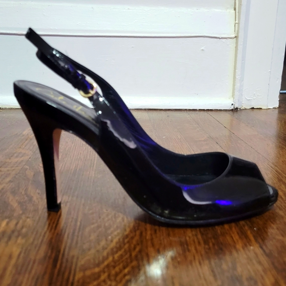 Cole Haan peep-toe black patent leather high heel shoes